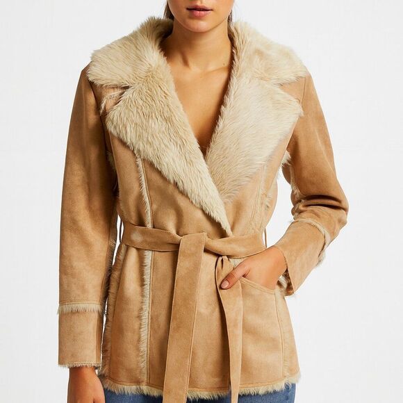 Jackets & Blazers - AC-3998 Faux Fur Jacket, Tan with Belt and Fringe NWT Size L